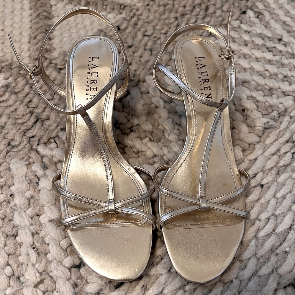Ralph Lauren | Gold Metallic Leather Sandal w/ Heel | 7.5